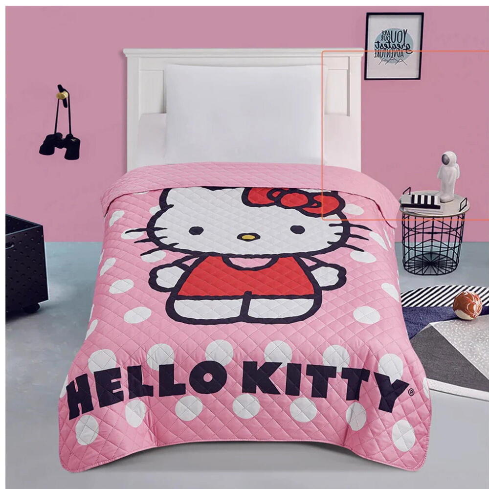 Hello Kitty Bedspread Quilted Polka Dots Twin/Full PINK